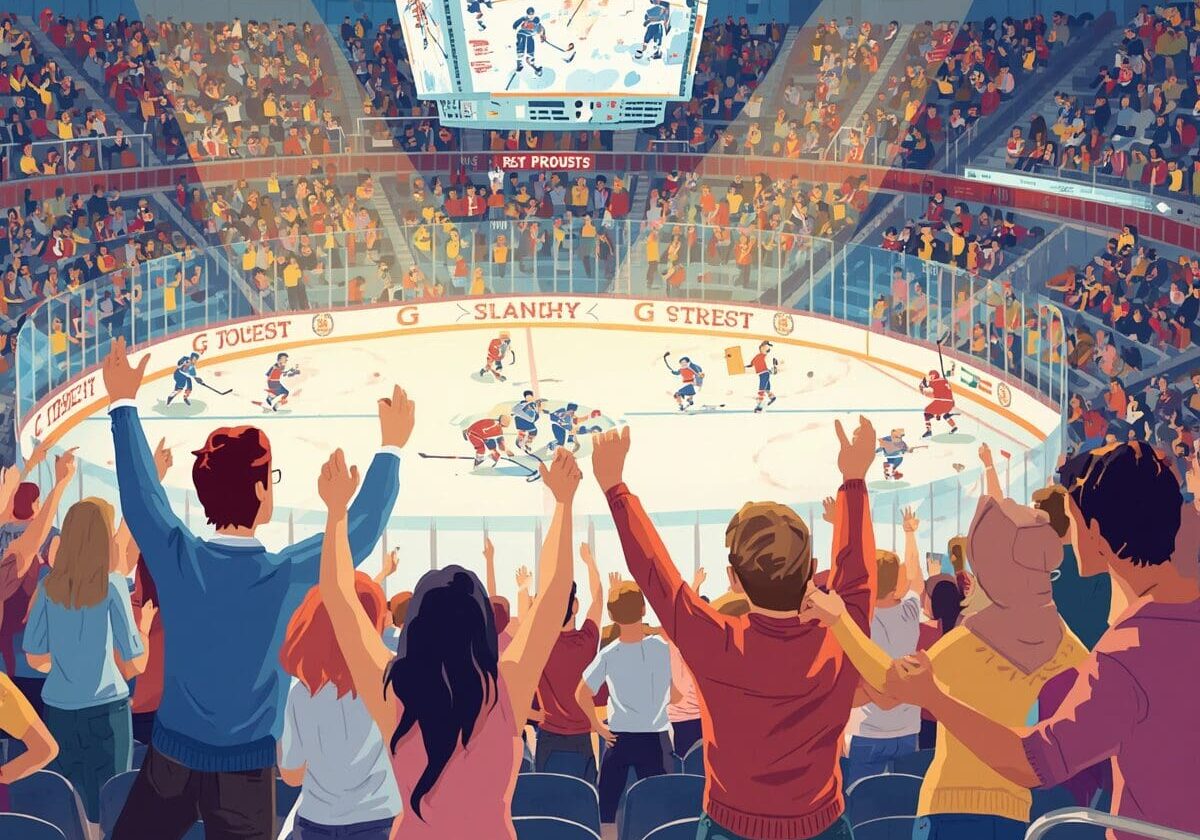 Hockey parents cheering enthusiastically in arena stands, excited fans watching a game, supportive parents celebrating